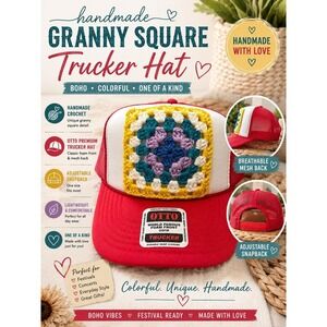 Handmade Granny Square Crochet Trucker Hat |Red OTTO Snapback |Boho Festival Cap